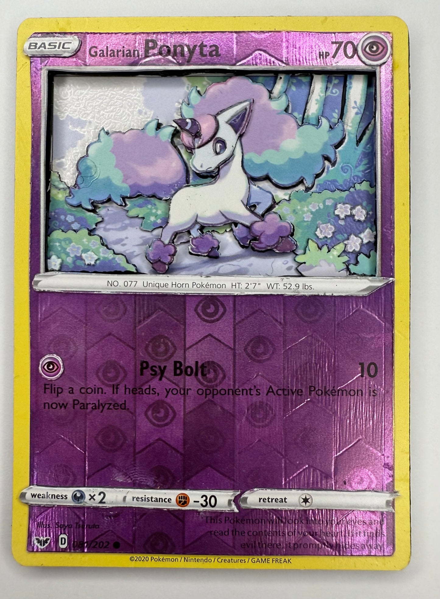 Handmade 3D Holofoil Galarian Ponyta Trading Card, Altered Trading Card for Nostalgic Gift, Gift for Pokémon Lovers